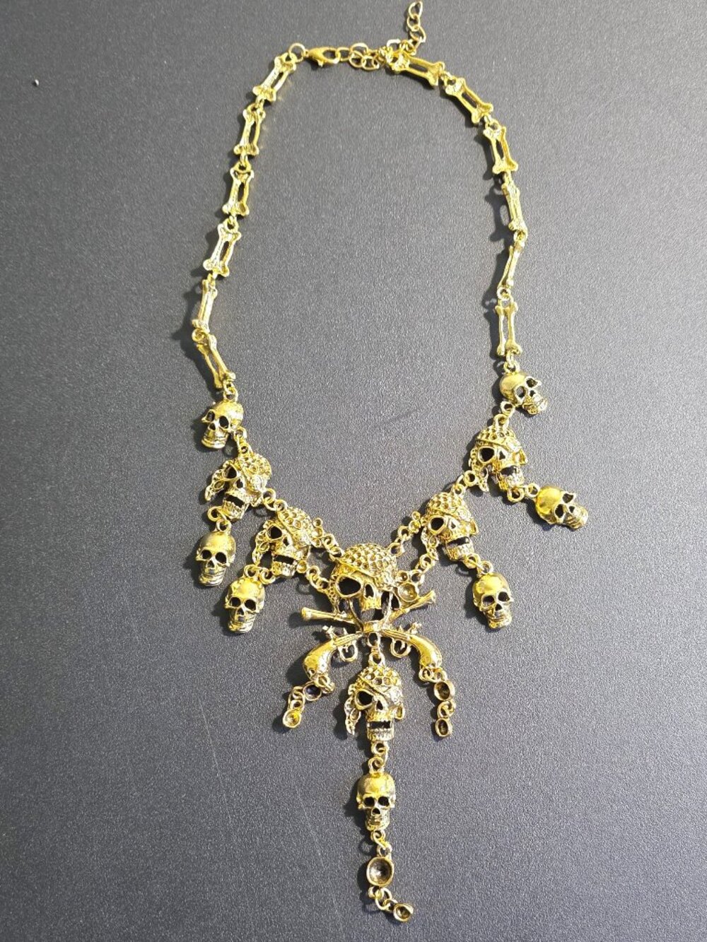 Gold Tone Pirate Skull Statement Necklace Bones Chain - Picture 2 of 9